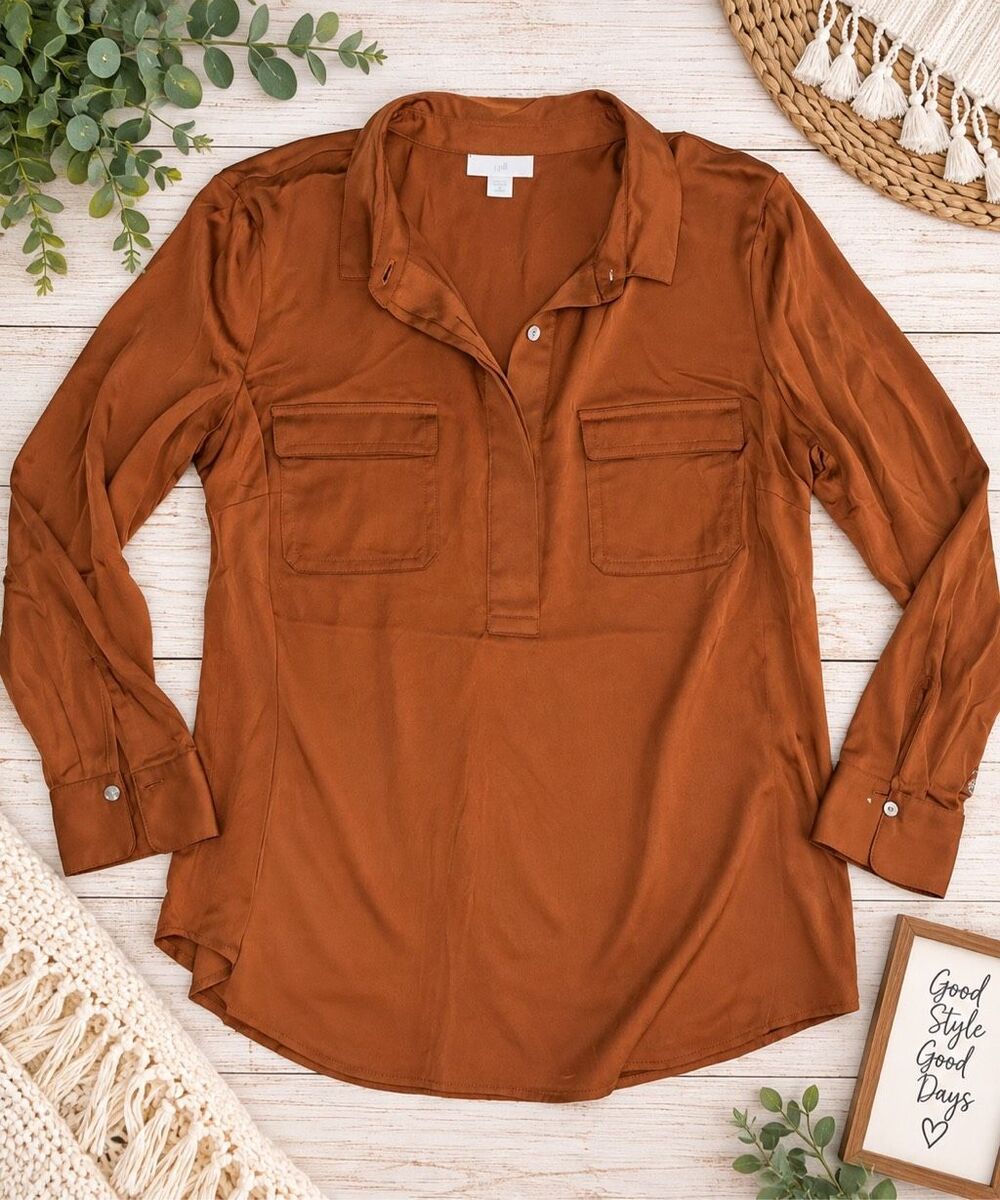 J.Jill Women’s Medium Rust Brown Satin Utility Blouse Long Sleeve Pocket Top